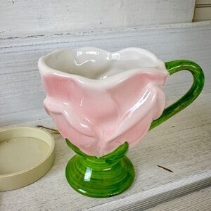 TELEFLORA, PINK TULIP CUP WITH HOLDER. CUP IS IN EXCELLENT CONDITION.